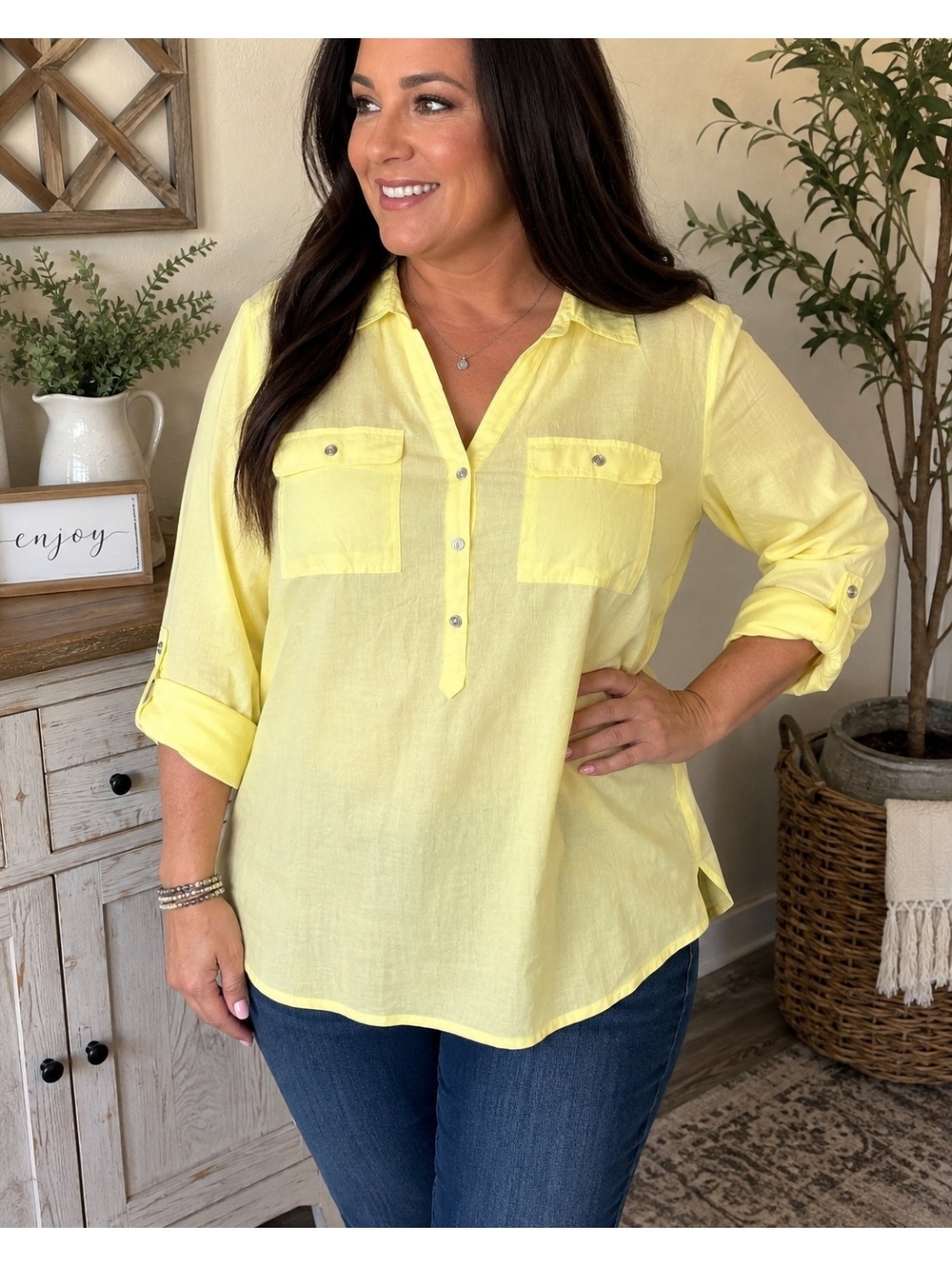 Lane Bryant Yellow Cotton Roll Tab Sleeve Tunic Blouse Plus Size 22/24